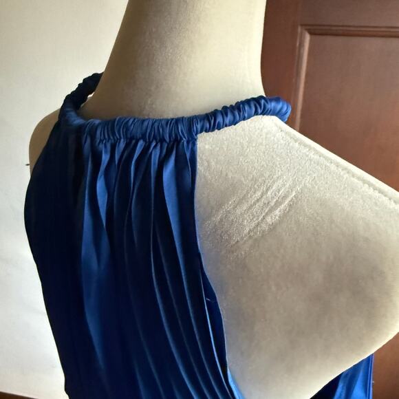 BOSTON PROPER | Blue Pleated Charmeuse HIgh Neck Midi Dress | Medium - Picture 6 of 7